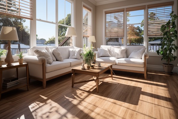 Living room with custom blinds Calgary window treatment